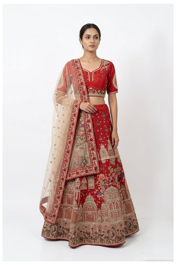 Ruby Red Embroidered Lehenga Choli With Net Dupatta