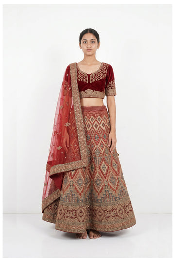 Maroon Geometric Embroidered Lehenga Choli With Net Dupatta