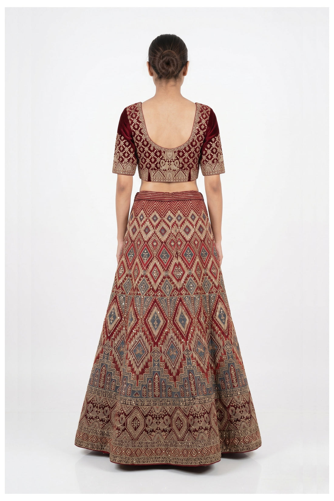 Maroon Geometric Embroidered Lehenga Choli With Net Dupatta