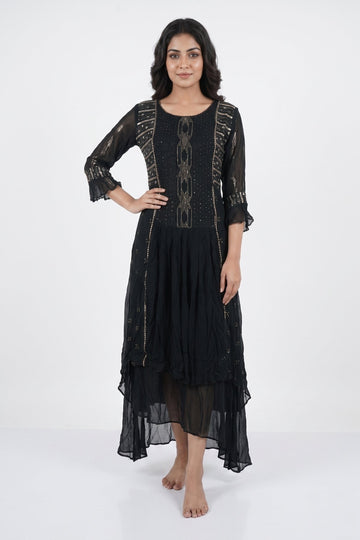 Midnight Black Embellished Layered Indo-Western Dress