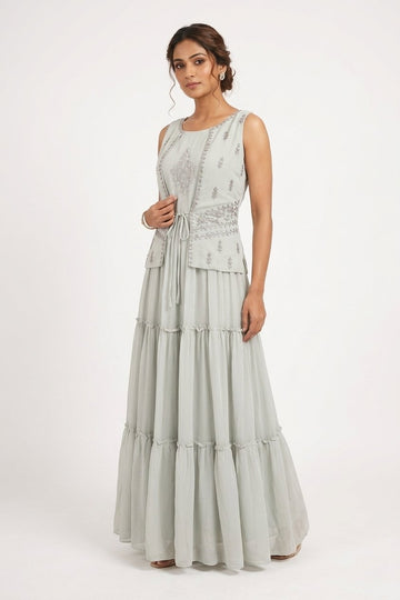 Mist Grey Layered Gown With Embroidered Jacket