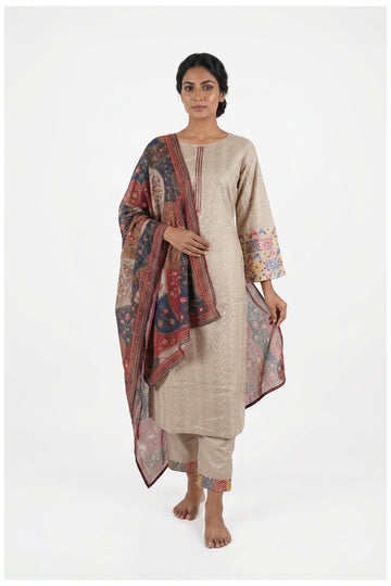 Elegant Beige Printed Kurta Set With Dupatta