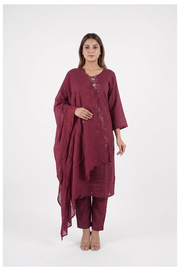Wine Berry Embroidered Kurta Pant Set With Dupatta