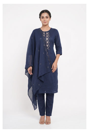 Elegant Navy Blue Embroidered Straight Suit Set