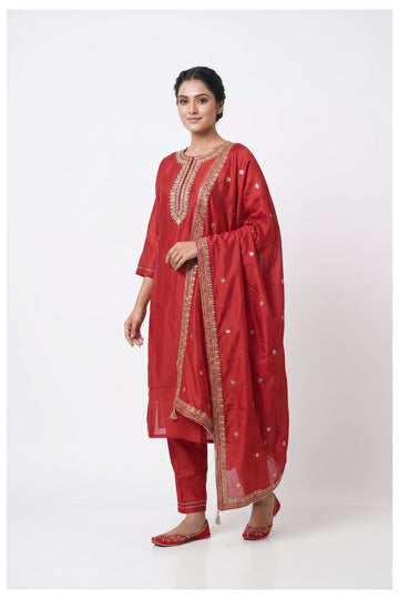Ruby Red Embroidered Kurta Pant Set With Dupatta