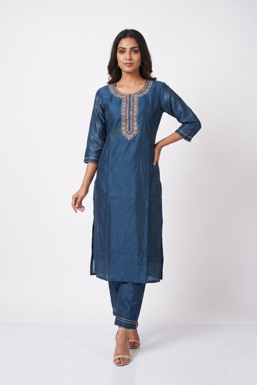 Royal Blue Embroidered Straight Kurta Pant Set