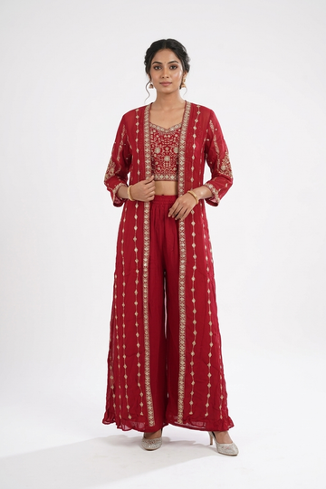 Rust Red Embroidered Co-Ord Set With Long Jacket & Palazzo
