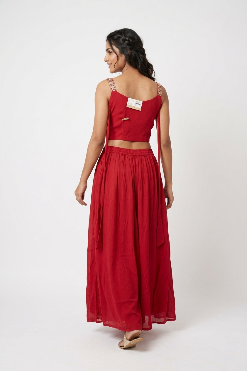 Rust Red Embroidered Co-Ord Set With Long Jacket & Palazzo