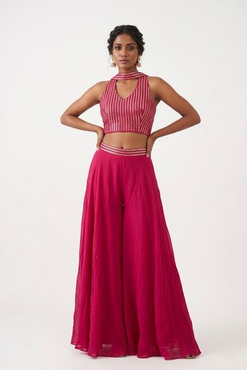 Rani Pink Mirror Work Crop Top with Flared Palazzo Set & Neck Dupatta