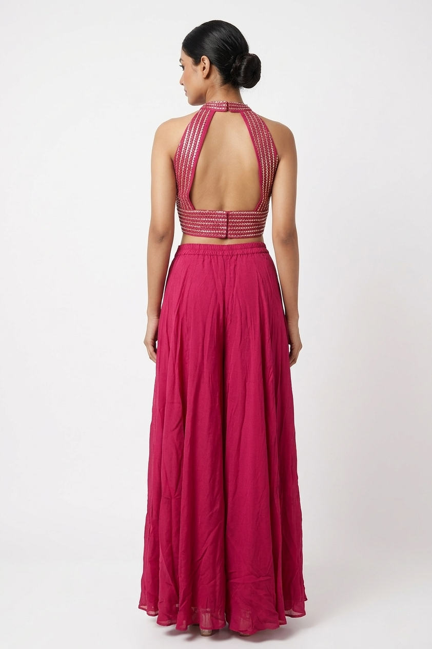Rani Pink Mirror Work Crop Top with Flared Palazzo Set & Neck Dupatta