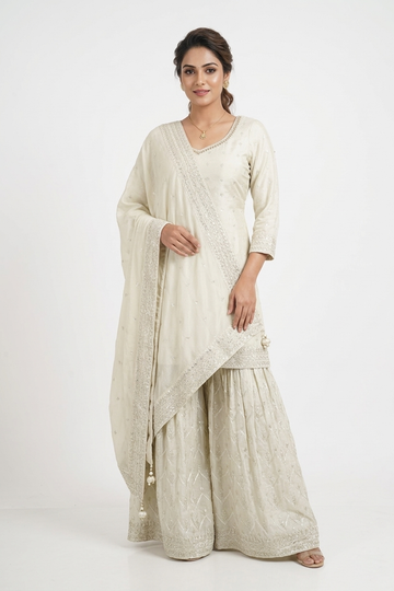 Ivory Elegance Embroidered Sharara Set With Dupatta