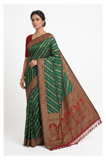 Bottle Green Banarasi Silk Saree With Weaving, Hand Work