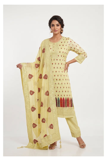 Pastel Yellow Embroidered Party Wear Suit Set With Dupatta