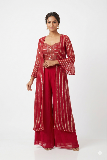 Rust Red Mirror Work Indo Western With Designer Blouse & Sheer Jacket