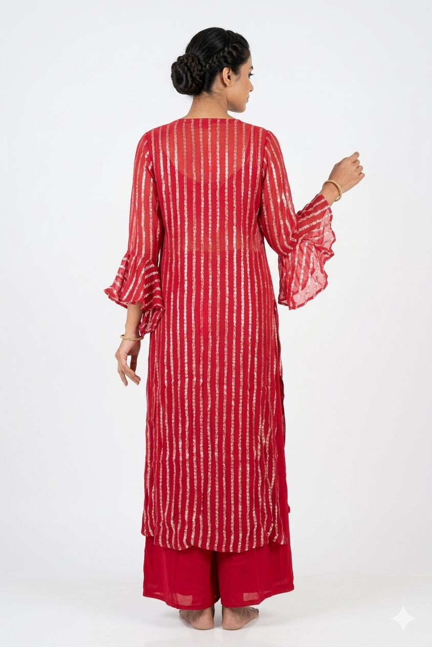 Rust Red Mirror Work Indo Western With Designer Blouse & Sheer Jacket