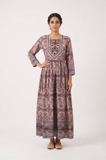 Dusty Mauve Printed Flared Ethnic Gown