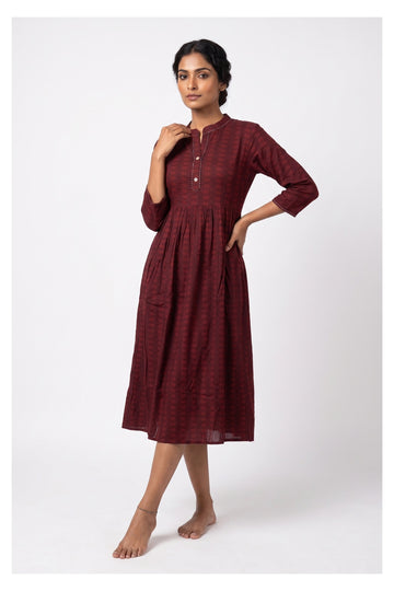 Wine Red Gathered Cotton Indo-Western Midi Gown