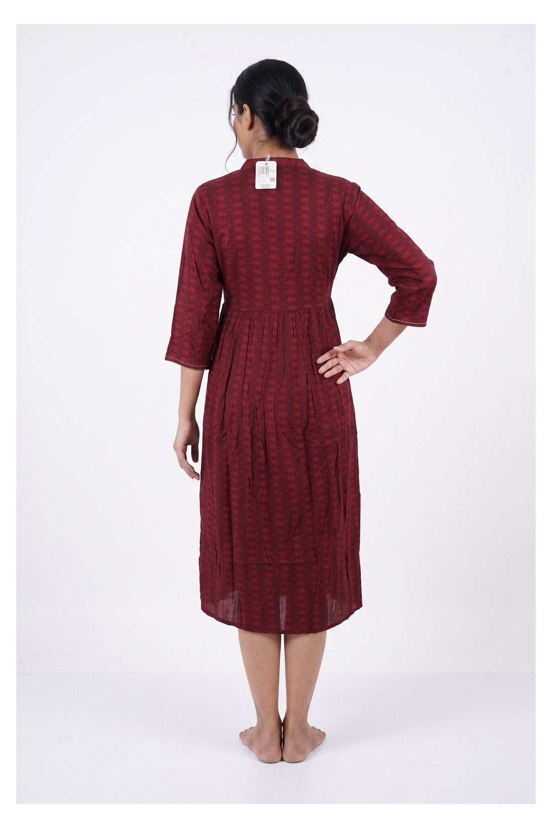 Wine Red Gathered Cotton Indo-Western Midi Gown