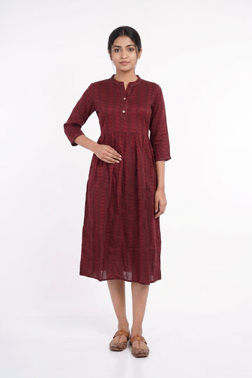 Wine Red Gathered Cotton Midi Gown