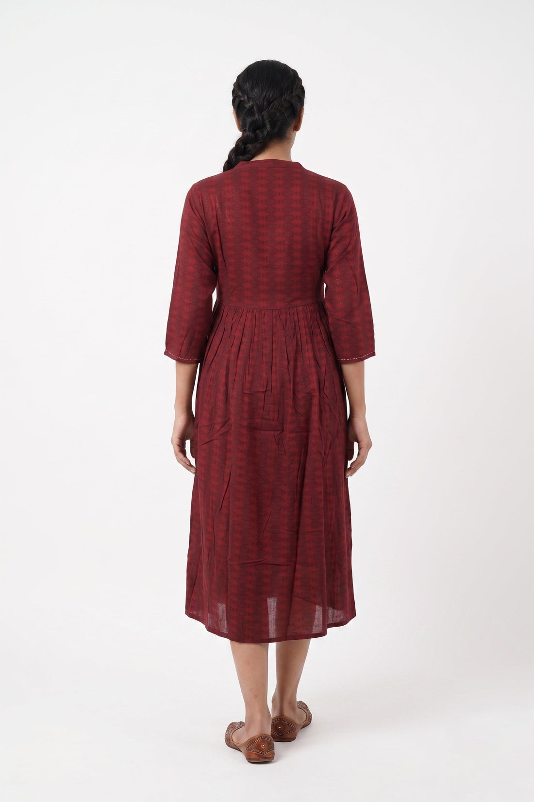 Wine Red Gathered Cotton Midi Gown