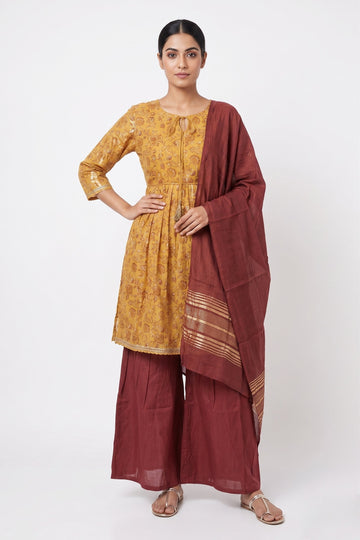 Mustard Bloom Printed Kurta Palazzo Set With Dupatta
