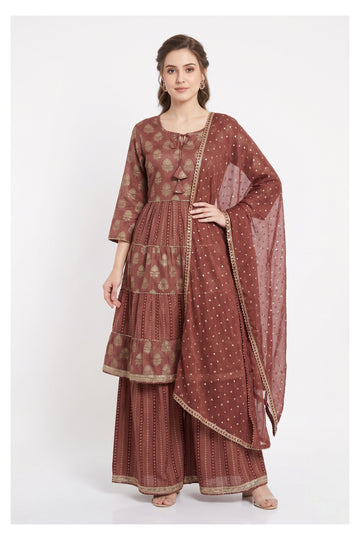 Rust Brown Printed Tiered Kurta Palazzo Set With Dupatta