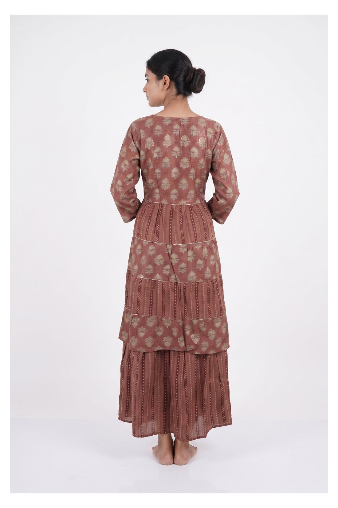 Rust Brown Printed Tiered Kurta Palazzo Set With Dupatta