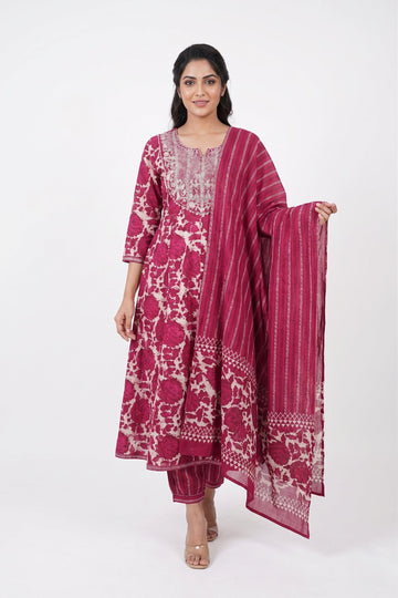 Rani Pink Floral Printed Anarkali Suit Set With Dupatta