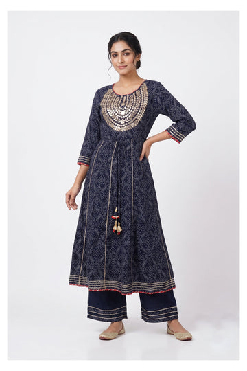 Navy Blue Mirror Work Anarkali Kurta Set