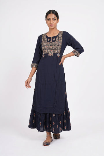 Midnight Blue Embroidered Flared Kurta Dress