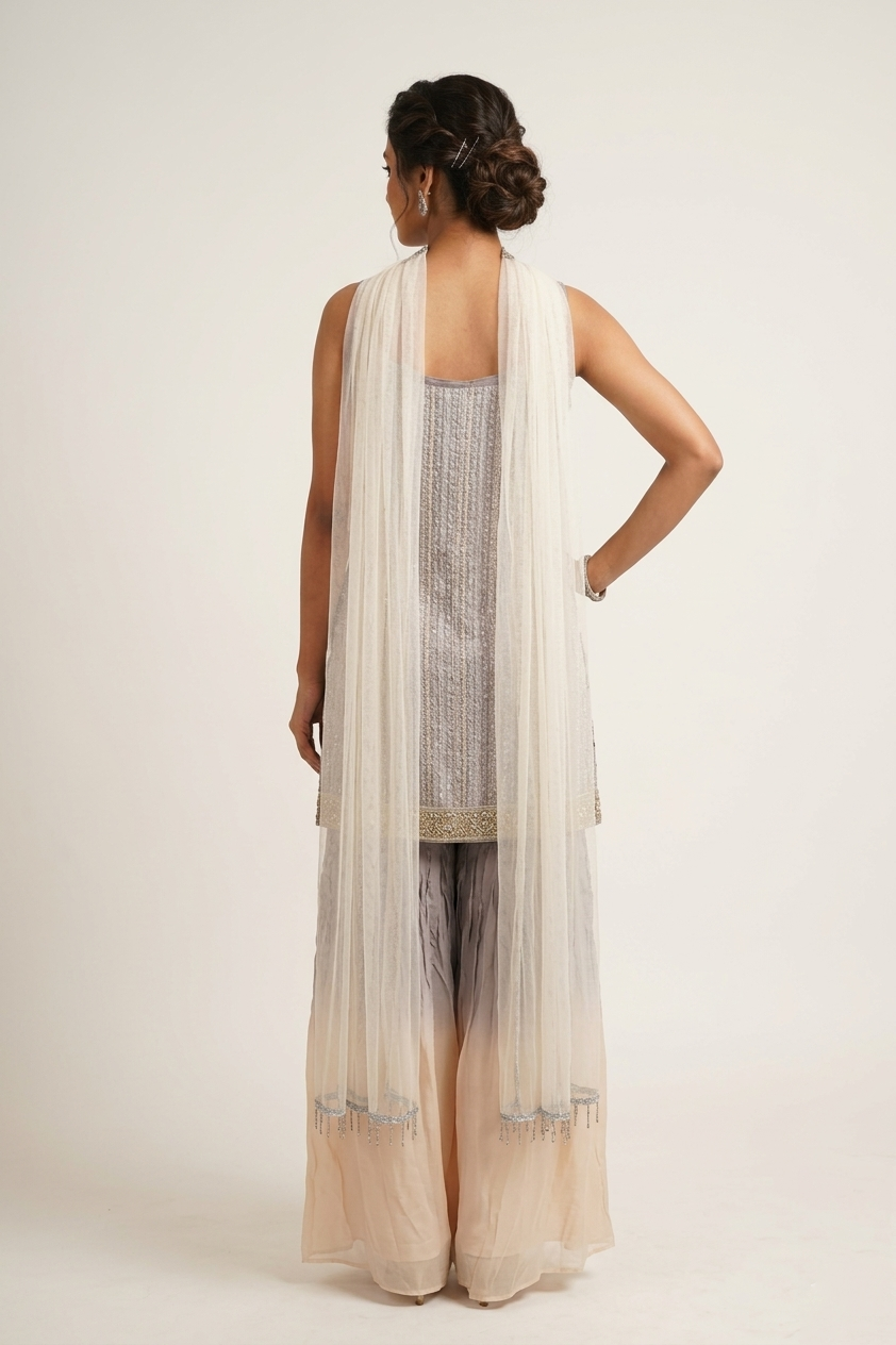 Champagne Grey Ombre Indo Western Kurta Sharara Set