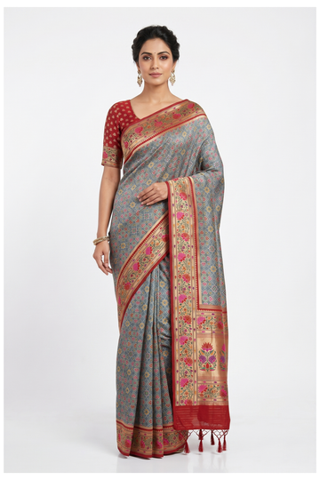 Slate Grey Patola Banarasi Silk Saree With Weaving