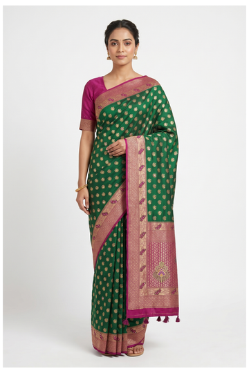 Dark Green Banarasi Silk Saree With Handwork