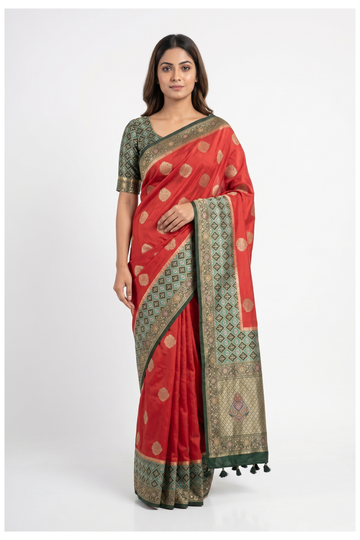 Vermilion Red Banarasi Art Silk Wedding Party Saree