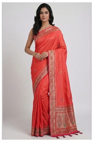 Royal Coral Banarasi Silk Saree With Weaving, Hand Work