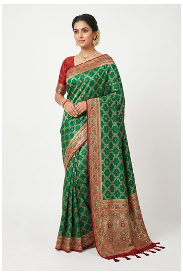 Dark Green Banarasi Gorgette Wedding Saree