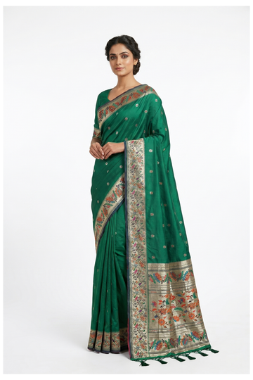 Glossy Bottle Green Banarasi Silk Saree With Weaving, Hand Work