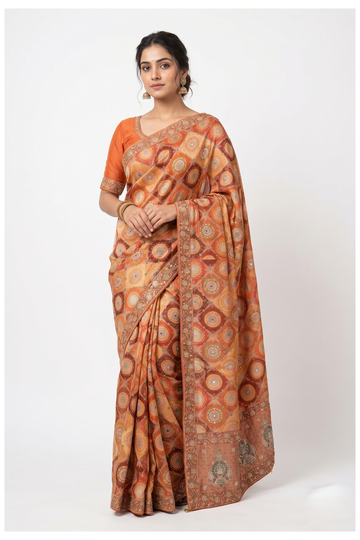 Tangerine Orange Banarasi Crepe Art Silk Wedding Partywear Saree