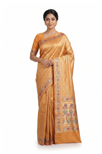Marigold Banarasi Silk Saree With Jaal Weaving