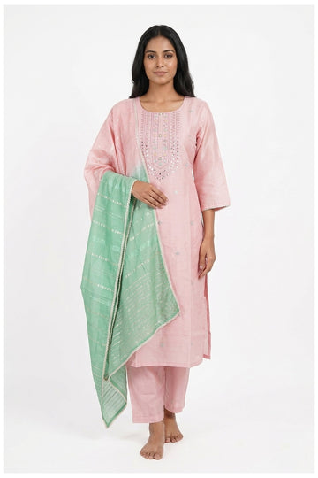 Blush Pink Embroidered Kurta Pant Set With Mint Dupatta