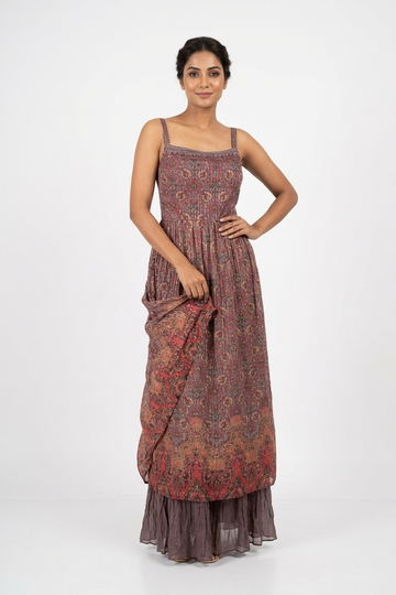 Dark Rose Gold Printed Anarkali Set With Dupatta & Flared Skirt