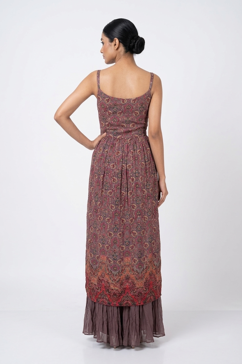 Dark Rose Gold Printed Anarkali Set With Dupatta & Flared Skirt