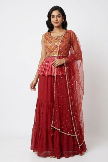 Crimson Red Embroidered Peplum Kurta Set With Sharara & Dupatta
