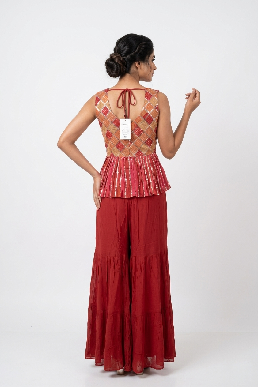 Crimson Red Embroidered Peplum Kurta Set With Sharara & Dupatta