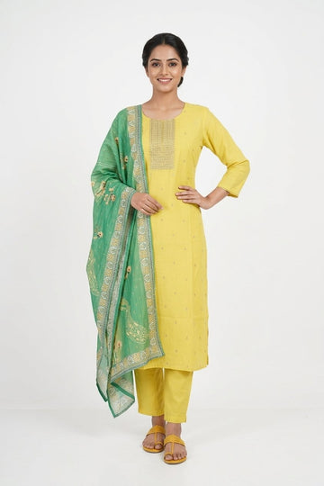 Sunshine Yellow Embroidered Kurta Set With Green Dupatta