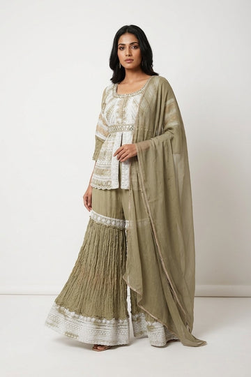 Olive Green Printed Kurta Sharara Set With Dupatta