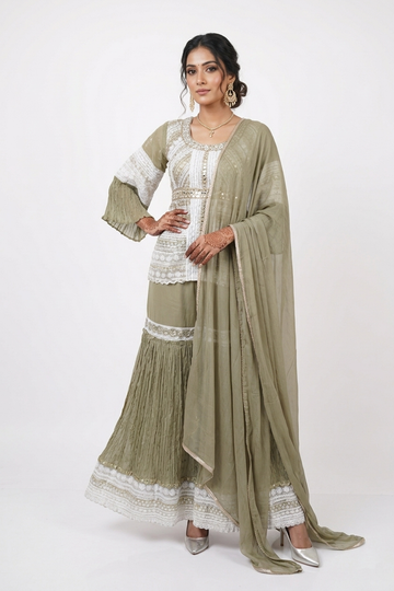 Sage Green Embroidered Kurta Set With Sharara & Dupatta