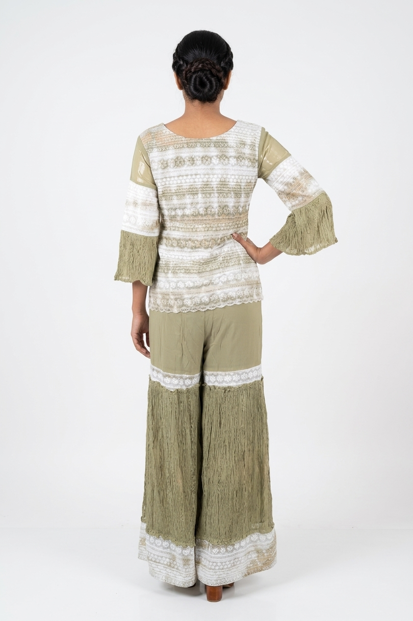Sage Green Embroidered Kurta Set With Sharara & Dupatta