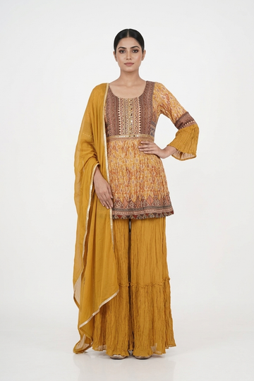 Gold Printed Kurta Set With Sharara & Dupatta