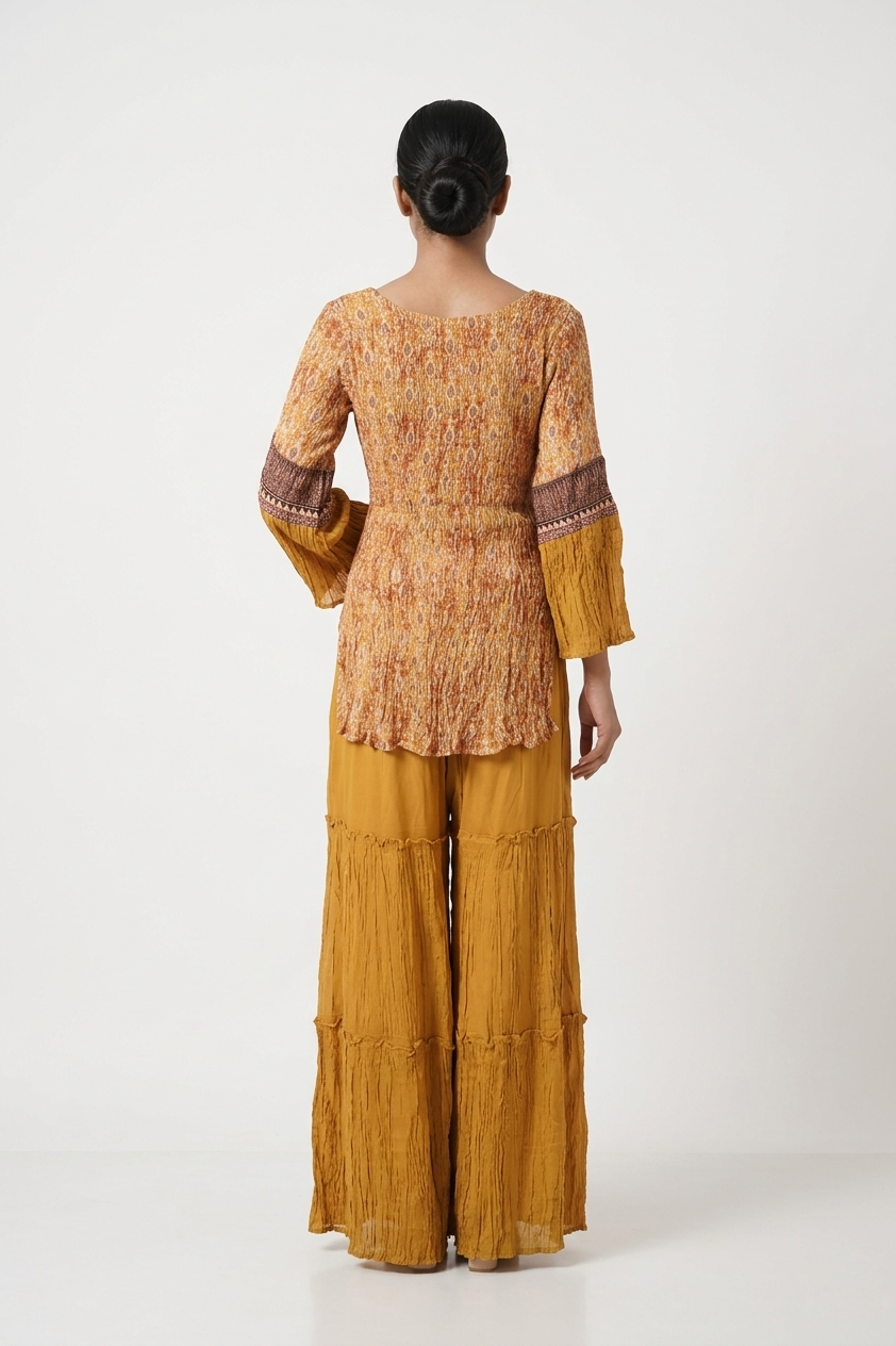 Gold Printed Kurta Set With Sharara & Dupatta